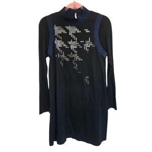 Vintage Cop Copine 90s Y2K Black Dress Logo Pattern Longsleeve Small *Read*